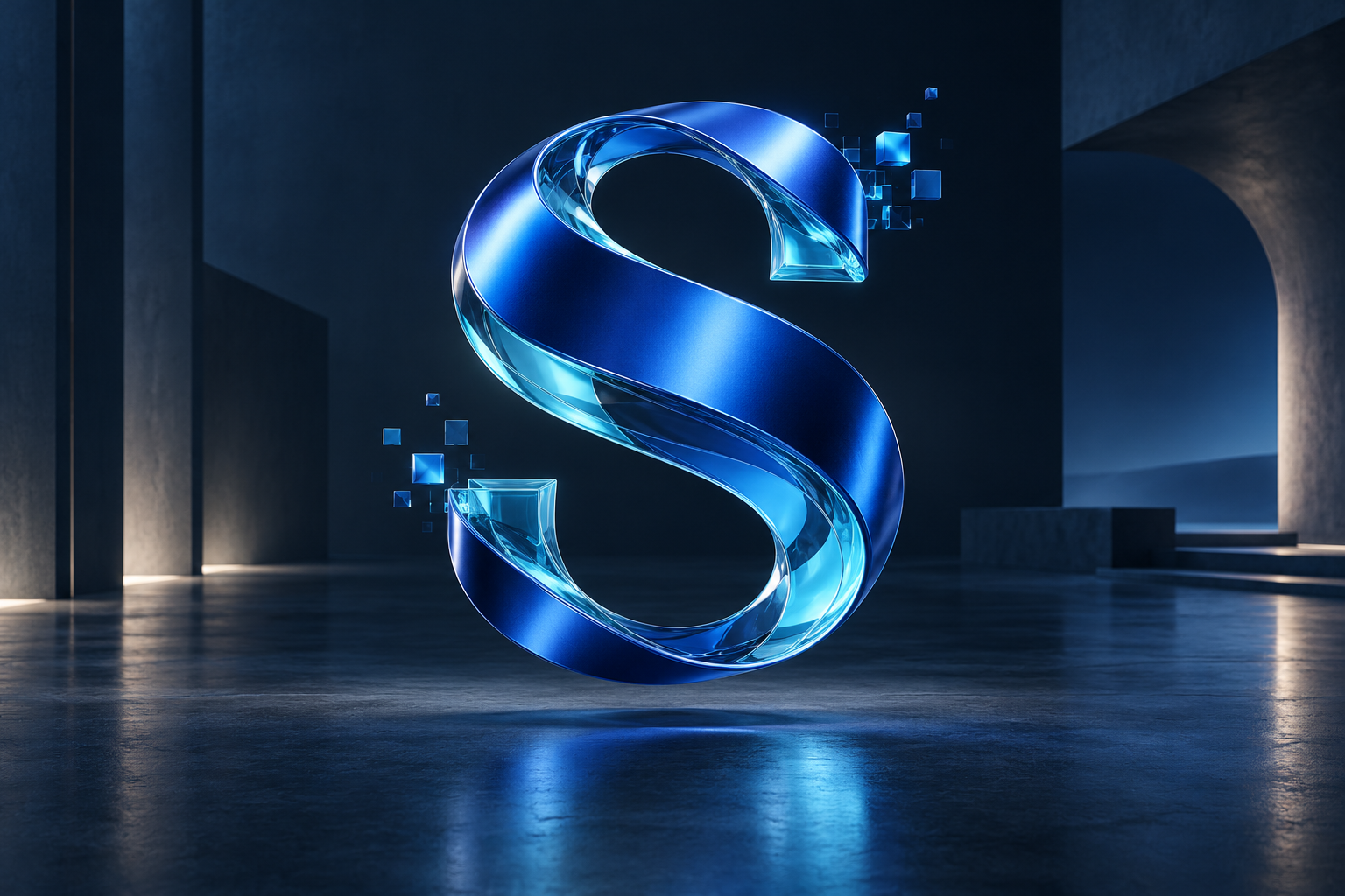 Sculptural blue S ribbon with cyan edges in a dark architectural setting
